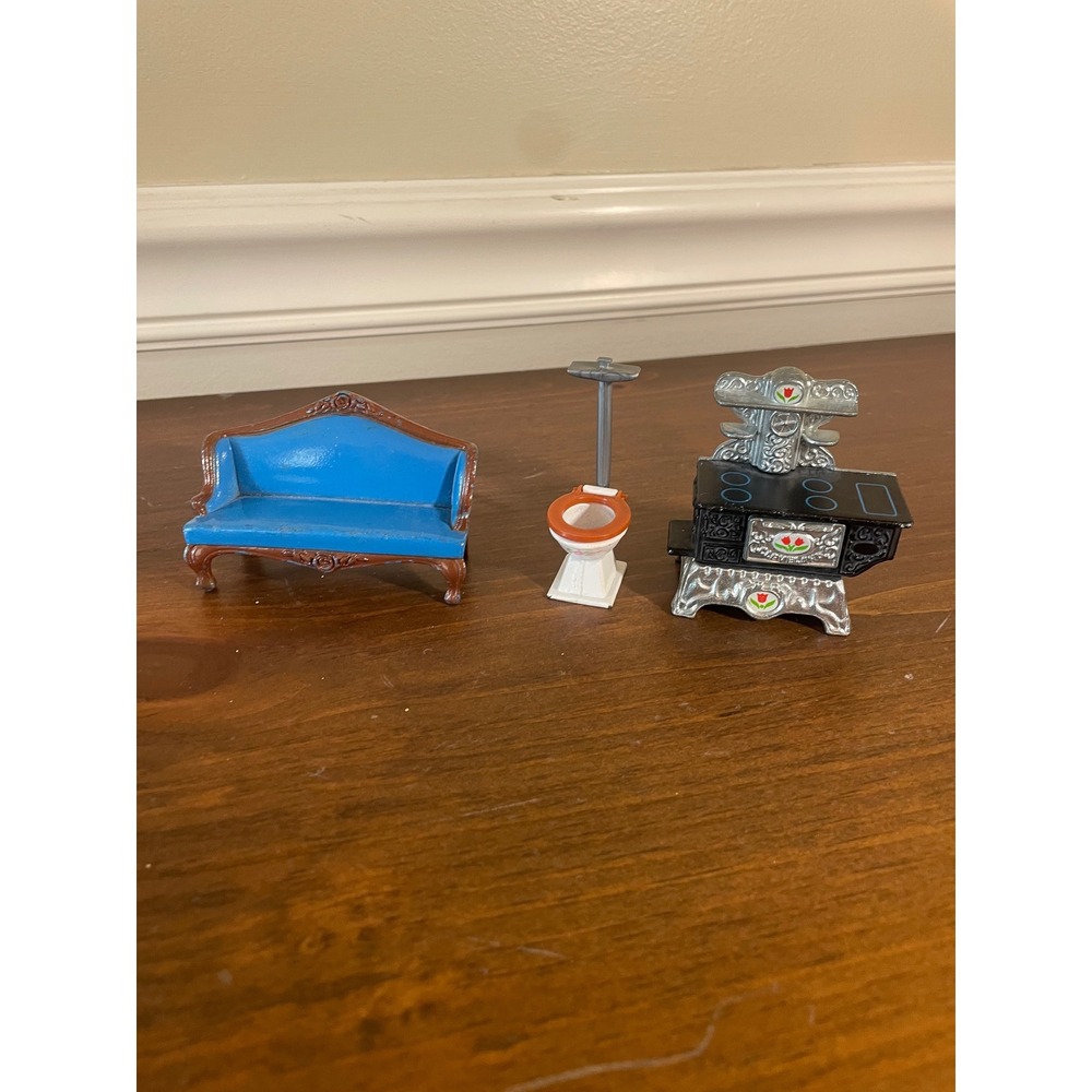 Vintage Dollhouse Furniture Lot Diecast Sofa Cleveland Stove High Tank Toilet